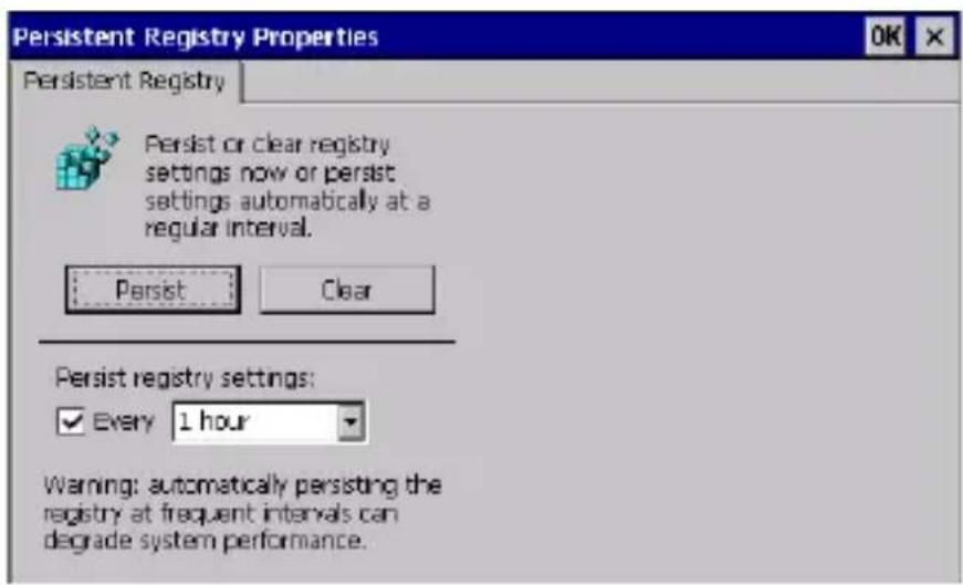 Persistent Registry Properties Persistent Registry Persist or clear registry settings now or persist settings automatically at a regular interval. Persist Clear Persist registry settings: ✓ Every 1 hour Warning: automatically persisting the registry at frequent intervals can degrade system performance.