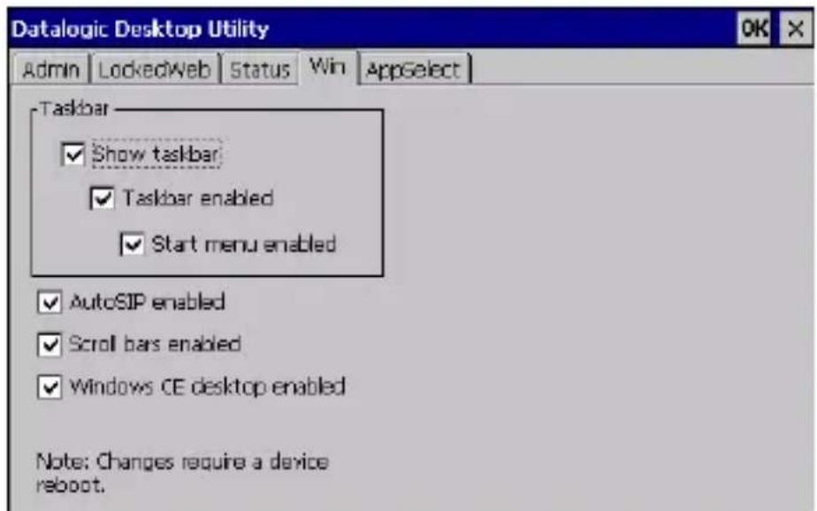 Datalogic Desktop Utility Admin LockedWeb Status Win AppSelect Taskbar ✓ Show taskbar ✓ Taskbar enabled ✓ Start menu enabled ✓ AutoSIP enabled ✓ Scroll bars enabled ✓ Windows CE desktop enabled Note: Changes require a device reboot.