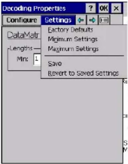 Decoding Properties Configure Settings DataMat Lengths Min: 1 Factory Defaults Minimum Settings Maximum Settings Save Revert to Saved Settings