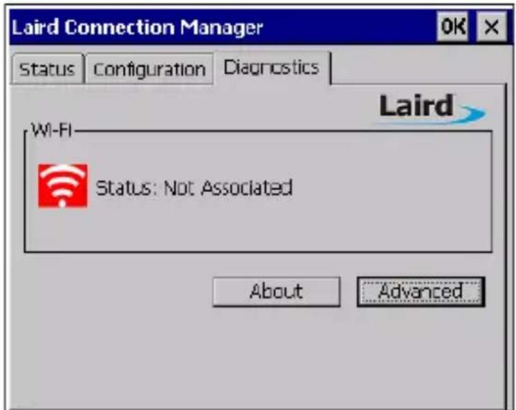 Laird Connection Manager Status Configuration Diagnostics Laird Wi-Fi Status: Not Associated About Advanced