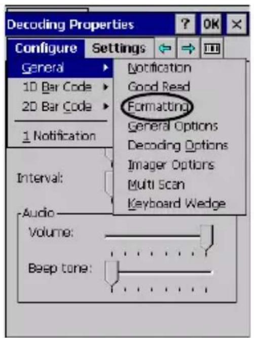 Decoding Properties Configure Settings General 1D Bar Code 2D Bar Code 1 Notification Interval: Audio Volume: Beep tone: Notification Good Read Formatting General Options Decoding Options Imager Options Multi Scan Keyboard Wedge