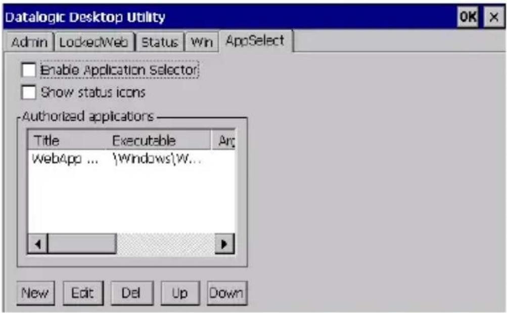 Datalogic Desktop Utility Admin LockedWeb Status Win AppSelect Enable Application Selector Show status icons Authorized applications Title Executable Arc WebApp ... \Windows\W... New Edit Del Up Down