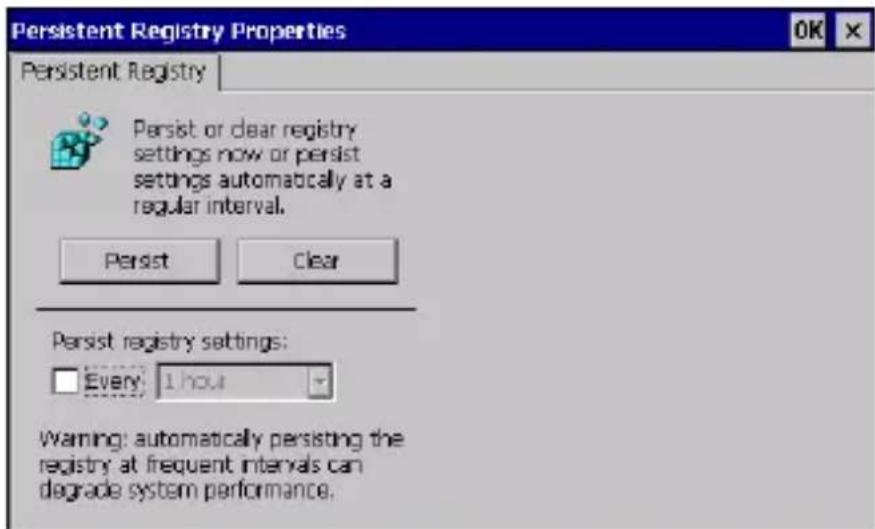 Persistent Registry Properties Persistent Registry Persist or dear registry settings now or persist settings automatically at a regular interval. Persist Clear Persist registry settings: Every: 1 hour Warning: automatically persisting the registry at frequent intervals can degrade system performance.