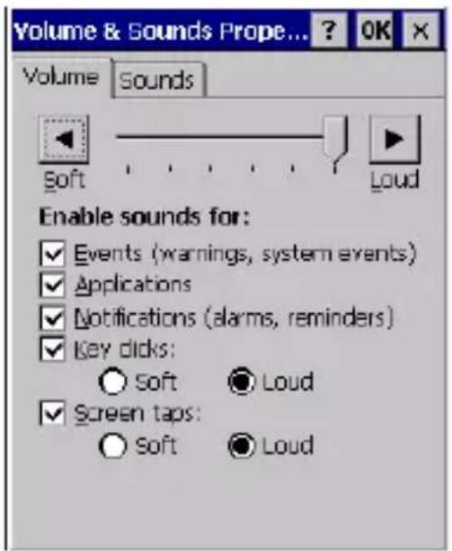 Volume & Sounds Prope... ? OK Volume Sounds Soft Loud Enable sounds for: ✓ Events (warnings, system events) ✓ Applications ✓ Notifications (alarms, reminders) ✓ Key clicks: ○ Soft ● Loud ✓ Screen taps: ○ Soft ● Loud