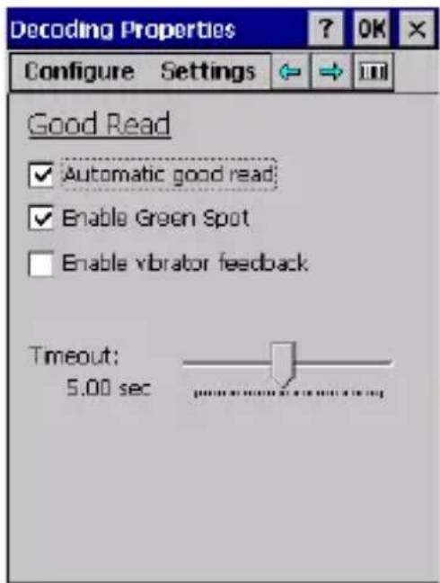 Decoding Properties Configure Settings Good Read ✓ Automatic good read ✓ Enable Green Spot □ Enable vibrator feedback Timeout: 5.00 sec