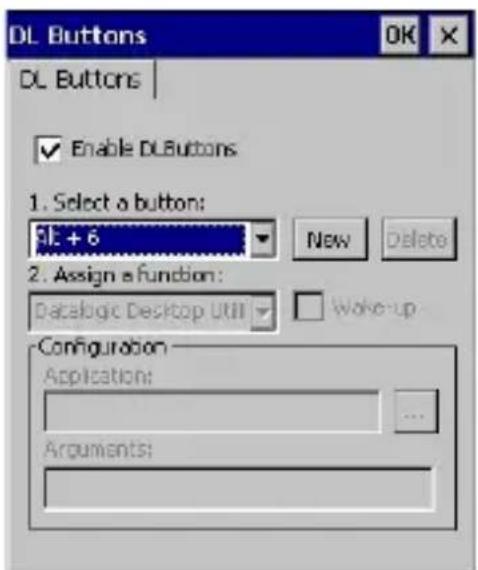 DL Buttons DL Buttons Enable DLButtons 1. Select a button: $L: +6 New Delete 2. Assign a function: Datalogic Desktop Util Wake-up Configuration Application: Arguments: