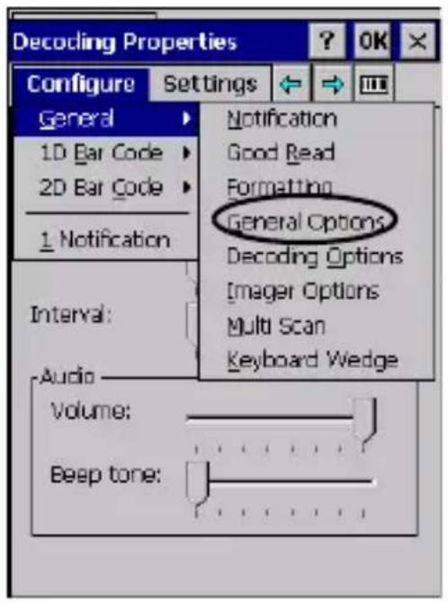 Decoding Properties Configure Settings General 1D Bar Code 2D Bar Code 1 Notification Interval: Audio Volume: Beep tone: Notification Good Read Formatting General Options Decoding Options Imager Options Multi Scan Keyboard Wedge