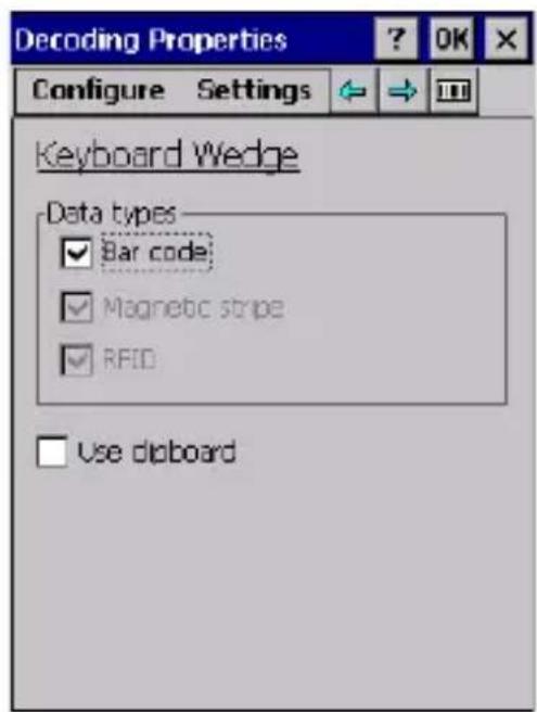 Decoding Properties Configure Settings Keyboard Wedge Data types ✓ Bar code ✓ Magnetic stripe ✓ RFID Use dlboard