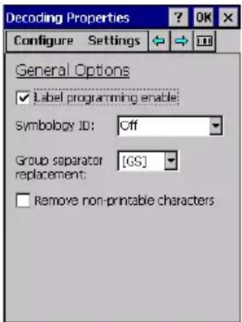Decoding Properties Configure Settings General Options ✓ Label programming enable: Symbology ID: Off Group separator [GS] replacement: □ Remove non-printable characters