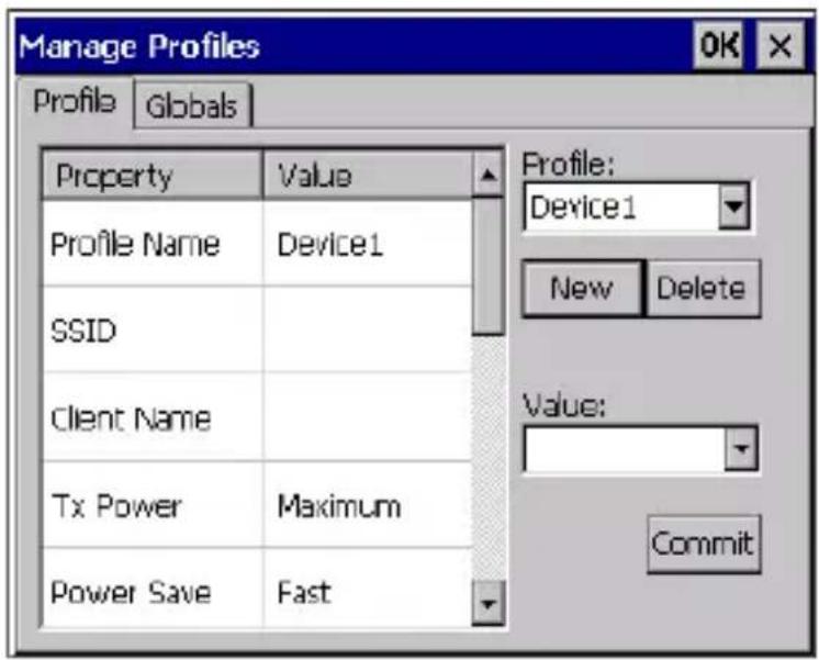 Manage Profiles Profile Globals Property Value Profile Name Device1 SSID Client Name Tx Power Maximum Power Save Fast Profile: Device1 New Delete Value: Commit