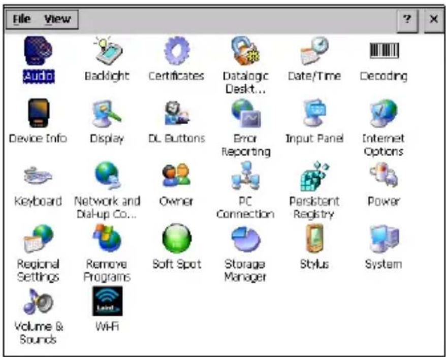 File View Audio Backlight Certificates Datalogic Desktop... Date/Time Decoding Device Info Display DL Buttons Error Reporting Input Panel Internet Options Keyboard Network and Dial-up Co... Owner PC Connection Persistent Registry Power Regional Settings Remove Programs Soft Spot Storage Manager Stylus System Volume & Sounds WiFi
