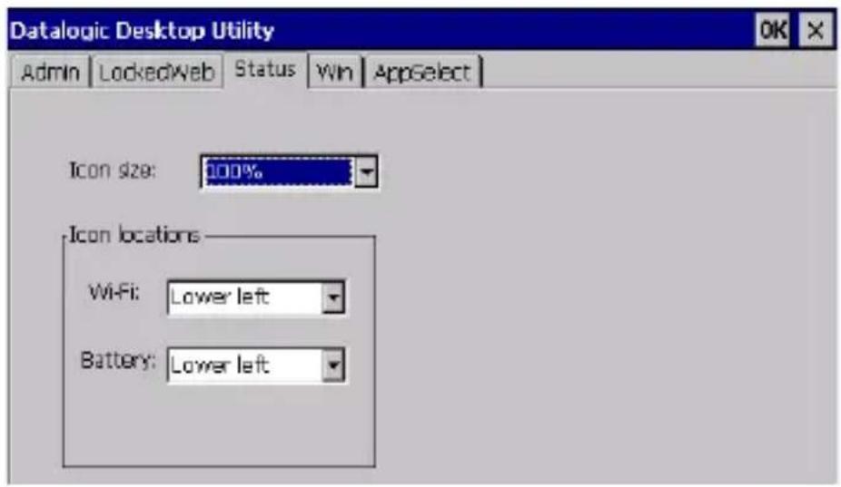 Datalogic Desktop Utility Admin LockedWeb Status Win AppSelect Icon size: 100% Icon locations Wi-Fi: Lower left Battery: Lower left