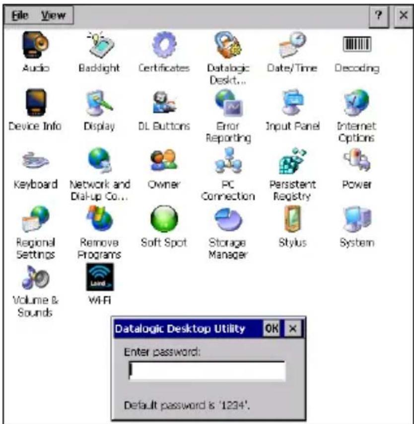 File View Audio Baddight Certificates Datalogic Desktop... Date/Time Decoding Device Info Display DL Buttons Error Reporting Input Panel Internet Options Keyboard Network and Dial-up Co... Owner PC Connection Persistent Registry Power Regional Settings Remove Programs Soft Spot Storage Manager Stylus System Volume & Sounds Wi-Fi Datalogic Desktop Utility OK Enter password: Default password is '1234'.