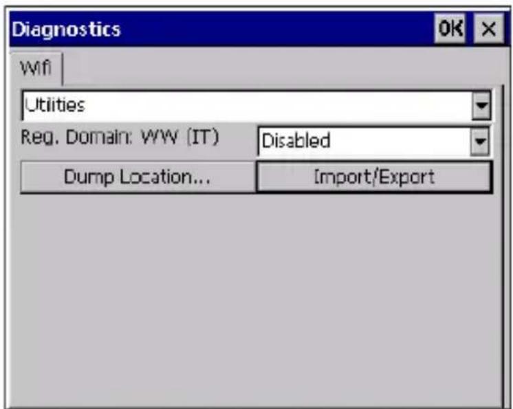 Diagnostics OK Wfi Utilities Req. Domain: WW (IT) Disabled Dump Location... Import/Export