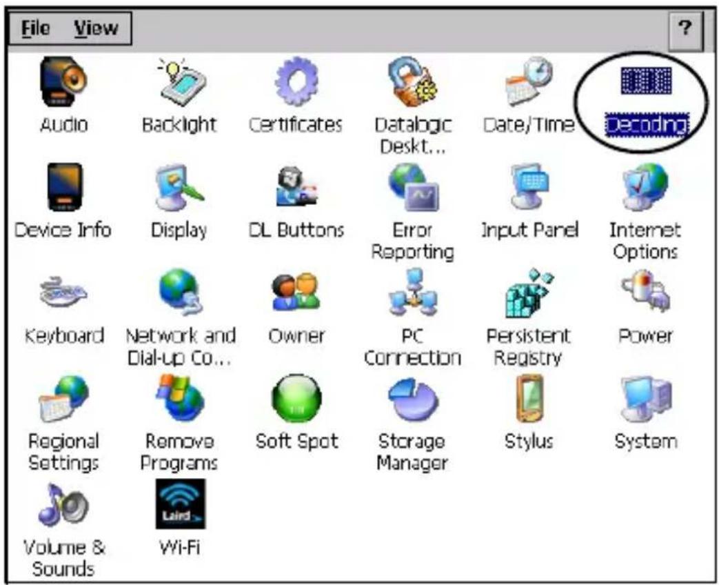 File View Audio Backlight Certificates Datalogic Date/Time decoding Device Info Display DL Buttons Error Reporting Input Panel Internet Options Keyboard Network and Dial-up Co... Owner PC Connection Persistent Registry Power Regional Settings Remove Programs Soft Spot Storage Manager Stylus System Volume & Sounds Wi-Fi