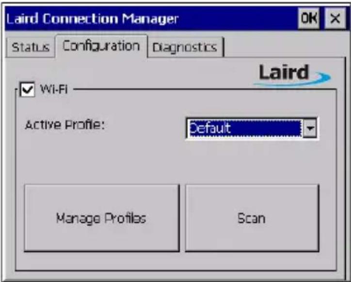 Laird Connection Manager Status Configuration Diagnostics Wi-Fi Active Profile: Default Manage Profiles Scan