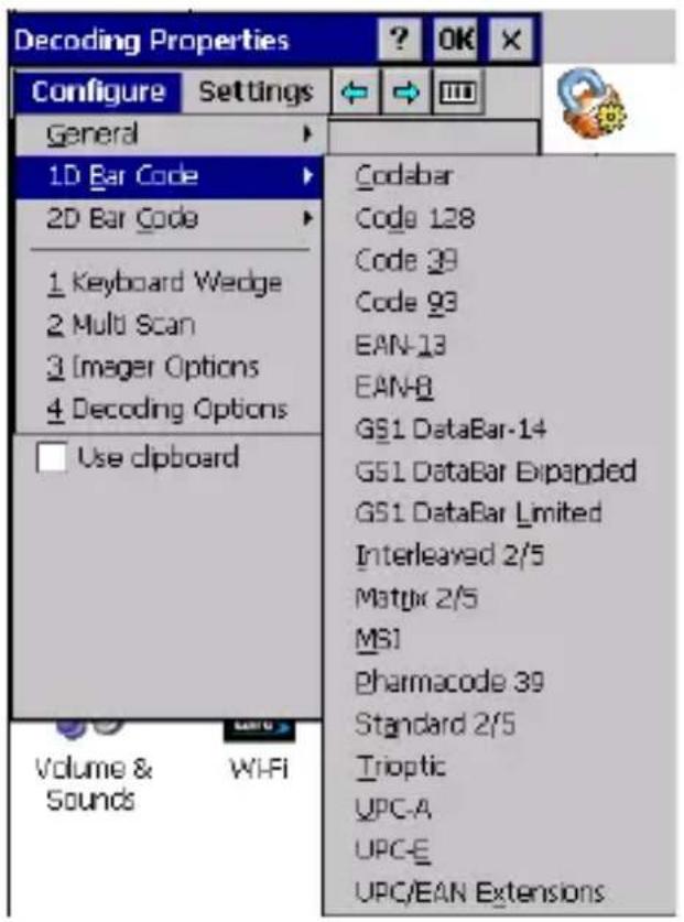 Decoding Properties Configure Settings General 1D Bar Code 2D Bar Code 1 Keyboard Wedge 2 Multi Scan 3 Imager Options 4 Decoding Options Use clipboard Codebar Code 128 Code 39 Code 93 EAN-13 EAN-B GS1 DataBar-14 GS1 DataBar Expanded GS1 DataBar Limited Interleaved 2/5 Matrix 2/5 MS1 Pharmacode 39 Standard 2/5 Trioptic UPC-A UPC-E UPC/EAN Extensions Volume & WiFi Sounds