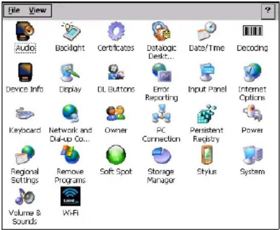 File View Audio Backlight Certificates Datalogic Date/Time Decoding Device Info Display DL Buttons Error Reporting Input Panel Internet Options Keyboard Network and Dial-up Co... Owner PC Connection Persistent Registry Power Regional Settings Remove Programs Soft Spot Storage Manager Stylus System Volume & Sounds WiFi