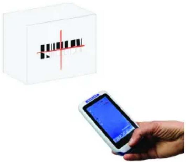 Image showing a hand holding a smartphone displaying a barcode symbol and a box labeled 'R' with red crosshair lines.