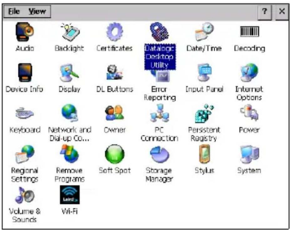 File View Audio Backlight Certificates Datalogic Desktop Utility Date/Time Decoding Device Info Display DL Buttons Error Reporting.Input Panel Internet Options Keyboard Network and Dial-up Co... Owner PC Connection Persistent Registry Power Regional Settings Remove Programs Soft Spot Storage Manager Stylus System Volume & Sounds Wi-Fi