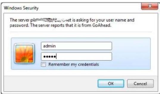 Windows Security The server plan is asking for your user name and password. The server reports that it is from GoAhead. admin •••••• Remember my credentials OK Cancel