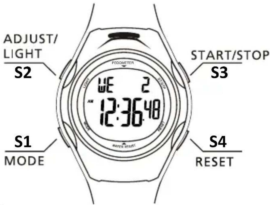 ADJUST/ LIGHT S2 PEDOMETER START/STOP S3 WE 2 AM 12:36.48 S1 MODE S4 RESET