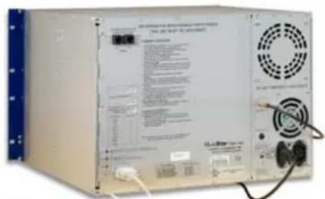 Front view of a server rack unit with labeled panels, buttons, and power connections