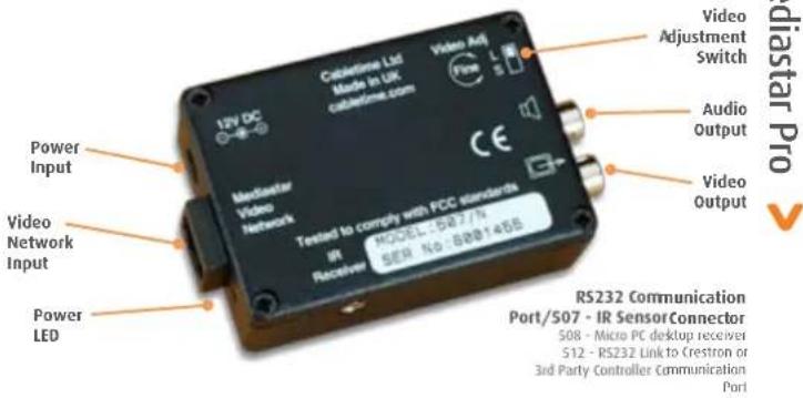 12V DC Cabletime Ltd Made in UK cabletime.com Video Adj Fine Video Adjustment Switch Audio Output Video Output Mncluster Video Network Tested to comply with FCC standards IR Receiver MODEL: 500/74 SER N: 88@1465 Power Input Video Network Input Power LED RS232 Communication Port/S07 - IR SensorConnector S08 - Micro PC desktop received S12 - RS232 Link to Crestron or 3rd Party Controller Communication Port