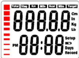 Total Stop Km Mile Kcal Mlm Target 000.00 Cm In Kg Lb PM 00:00 Setup Days Record