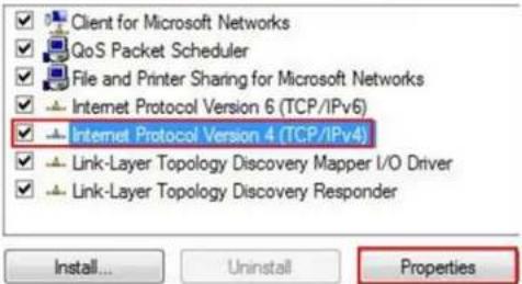 Client for Microsoft Networks QoS Packet Scheduler File and Printer Sharing for Microsoft Networks Internet Protocol Version 6 (TCP/IPv6) Internet Protocol Version 4 (TCP/IPv4) Link-Layer Topology Discovery Mapper I/O Driver Link-Layer Topology Discovery Responder Install... Uninstall Properties
