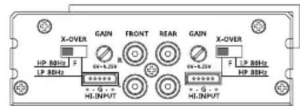 X-OVER Gain FRONT REAR Gain X-OVER HP 80Hz F LP 80Hz G=4.25V G=4.25V G=4.25V LP 80Hz HI-INPUT HI-INPUT