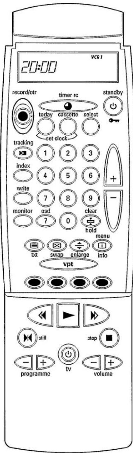 20:00 VCR 1 record/otr timer rc standby today cassette select set clock tracking index write monitor osd ? 0 clear hold menu txt swap enlarge info vpt still stop programme tv volume