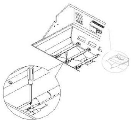 Technical line drawing of a server rack with a screwdriver inserted, showing internal components and mounting bracket (no text or symbols)