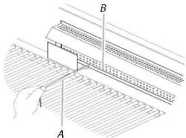 Technical diagram showing a mechanical assembly with labeled components A and B, likely illustrating a cutting or positioning process.