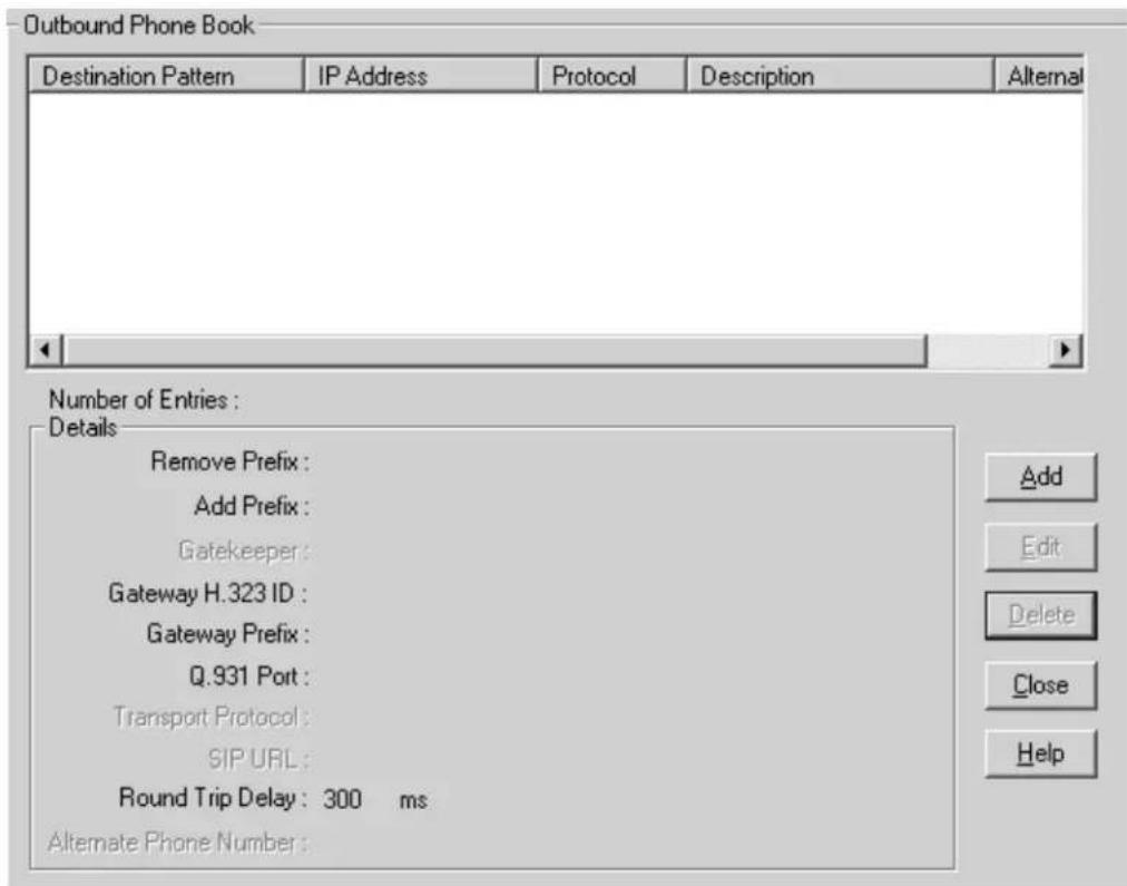 Outbound Phone Book Destination Pattern IP Address Protocol Description Alternal Number of Entries : Details Remove Prefix : Add Prefix : Gatekeeper : Gateway H.323 ID : Gateway Prefix : Q.931 Port : Transport Protocol : SIP URL : Round Trip Delay : 300 ms Alternate Phone Number : Add Edit Delete Close Help