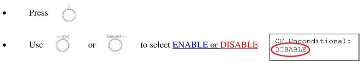 Press Use ->/OK or Cancel -> to select ENABLE or DISABLE CF Unconditional: DISABLE