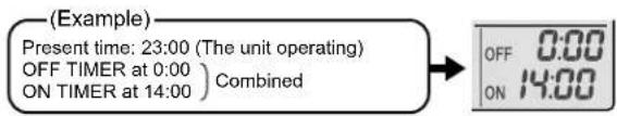 (Example) Present time: 23:00 (The unit operating) OFF TIMER at 0:00 ON TIMER at 14:00) Combined OFF 0:00 ON 14:00