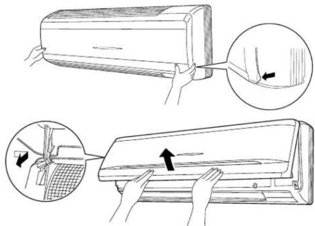 Diagram illustrating the installation of an air conditioner with labeled parts and directional arrows indicating motion.
