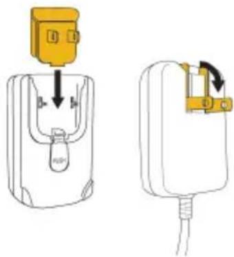 Two-step diagram showing a device with a yellow connector and a cable being inserted (no text or symbols)