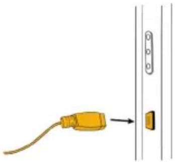 Illustration of a yellow cable being inserted into a vertical panel with an arrow pointing to the next panel (no text or symbols)