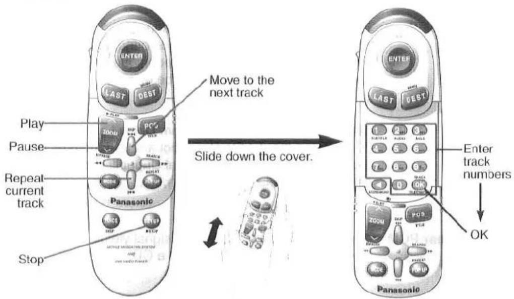 Enter LAST DEST Play Pause Repeat current track Stop Panasonic Move to the next track Slide down the cover. Enter track numbers OK