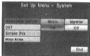 Set Up Menu - System Menu (M) (S) (A) (E) (F) (G) (H) DST Screen Pos Map Area Macro On Imperial Off End
