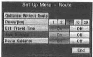 Set Up Menu - Route Guidance Without Route Delour(km) 1 2 5 10 20 Est Travel Time On Off Route Guidance On Off Route Guidance Off End