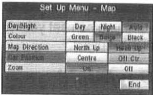 Set Up Menu - Map Day/Night Day Night AUTO Colour Green Beige Black Map Direction North Up Home Up Car Fashion Centre Off Ctr Zoom Old OII End