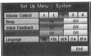 Set Up Menu - System Volume Control 9 1 3 4 Beep Go Off Voice Feedback Go Off Language Go Off End