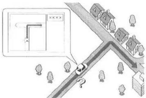 Diagram showing a car accident on a road with a question mark and a location pin labeled 'xxxx' pointing to a vehicle.