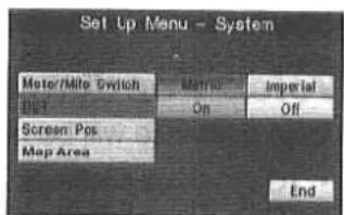 Set Up Menu - System Motor/Mile Switch On Imperial Off Screen Pos. Map Area End