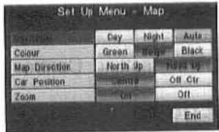 Set Up Menu - Map Day Night Auto Colour Green Black Map Direction North Up Hard Up Car Position Center Off Ctrl Zoom Ctrl Off End
