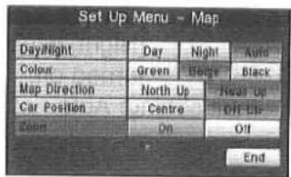 Set Up Menu - Map Day/Night Day Night Auto Colour Green Before Black Map Direction North Up Near Up Car Position Centre Oft Up Zoom On Oft End