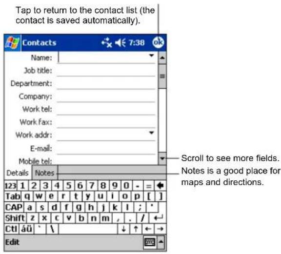 Tap to return to the contact list (the contact is saved automatically). Contacts Name: Job title: Department: Company: Work tel: Work fax: Work addr: E-mail: Mobile tel: Details Notes 123 1 2 3 4 5 6 7 8 9 0 - = Tab q w e r tyt y u|i pivot[ ] CAP a s d f g h j k;l; Shift z x c v b n m_/_/← Ctrl äü ^\ ↓ ↑ ←→ Edit